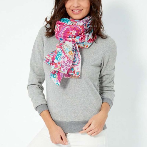 Foulard GOA White Fuchsia étole imprimée cachemire Blanc et Fuchsia 100 % Coton Décorations broderies et cristal