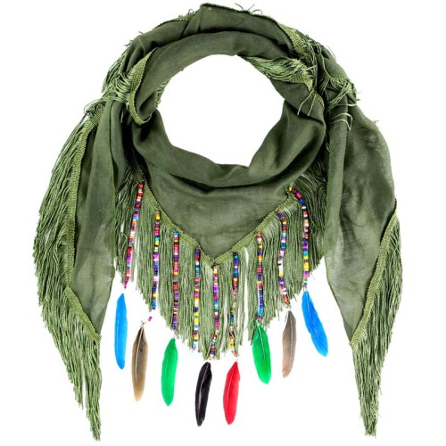 Foulard PATIKOS Color Green triangle à breloques Ethnique Multicolore et Vert Viscose Uni et Décorations plumes et franges