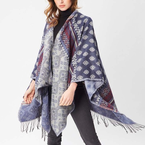 Foulard KAELINE Color Night Blue grand châle poncho à frange Ethnique Multicolore et Bleu Nuit Acrylique et Laine Maille tricot