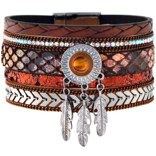 Bracelet TUCSON Brown Silver Manchette souple Multirangs Attrape-rêve Argenté et Marron Chocolat Rhodium et Simili-Cuir Cristal