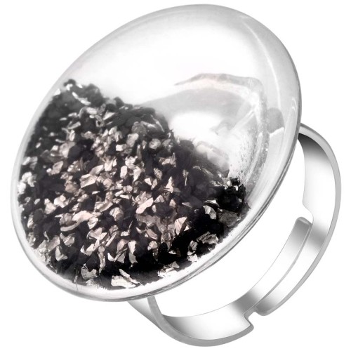 Bague OBAL Black Silver Cocktail Aquarium Bulle transparente de paillettes mobiles Argenté et Noir Rhodium Verre et Paillettes