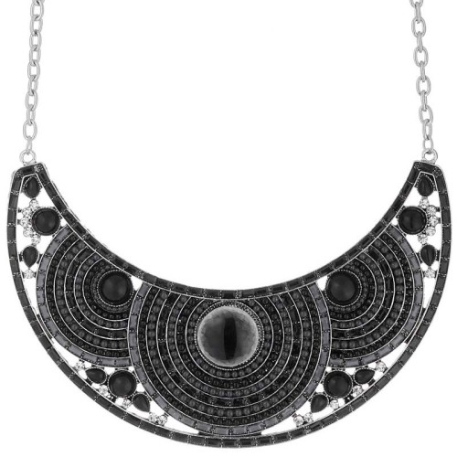 Collier ASSAMAO Black Silver Plastron pavé Mosaïque Argenté et Noir Rhodium Cristal et Résines et Pates de verre