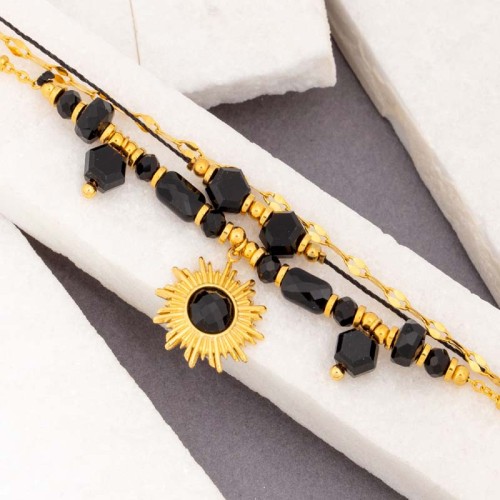 Bracelet SOLAXIS Black Gold Bracelet de perles souple multirangs Symbole soleil Noir Acier inoxydable doré à l'or fin Cristal