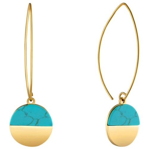 Boucles d'oreilles URUKA STEEL Turquoise Gold Créoles pendantes Doré et Turquoise reconstituée Acier inoxydable doré à l'or fin