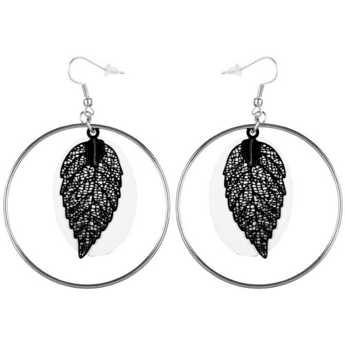 Boucles d'oreilles NATUSA Black & White Silver Pendantes ajourées à pendentif Feuilles Argenté et Noir Blanc Rhodium