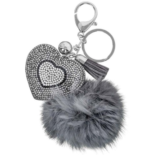 Accessoires de Maroquinerie NIGHTBIRD Grey Silver Bijou de sac porte-clé 2 en 1 Cœur Argenté Gris Cristal fourrure synthétique