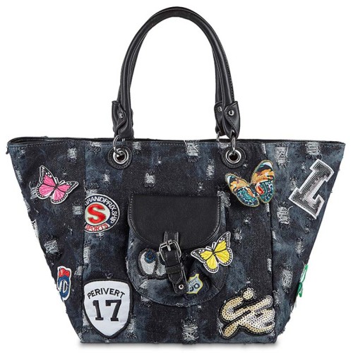 Maroquinerie ENJOY DENIM Black Color Sac cabas Rock Multicolore et Noir Jean denim used et Simili-Cuir Décorations écussons