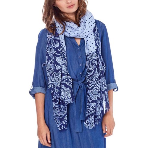 Foulard POLYNESIE Navy Blue étole imprimée pois Bleu Marine et Bleu Viscose et Coton Imprimé sur l'ensemble