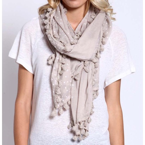 Foulard LUBNA Beige White étole imprimée pois Blanc et Beige Viscose Imprimé sur l'ensemble et Décorations pompons