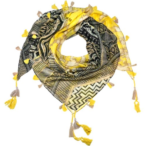 Foulard CITY SAVAGE Yellow Black grand carré imprimé Contemporain Noir Jaune 100 % Coton Décorations bijoux miroirs et pompons