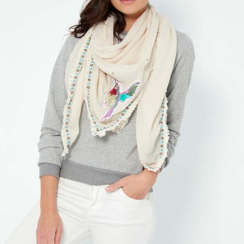 Foulard MY BIRD Beige Color grand carré uni oiseau Multicolore et Beige Viscose et Coton Décorations broderies et perles