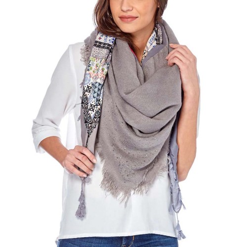 Foulard NEW BOLIVIAN Grey Color grand carré breloques Gris Viscose Patchwork assemblés unis imprimés Décorations bijoux pompons