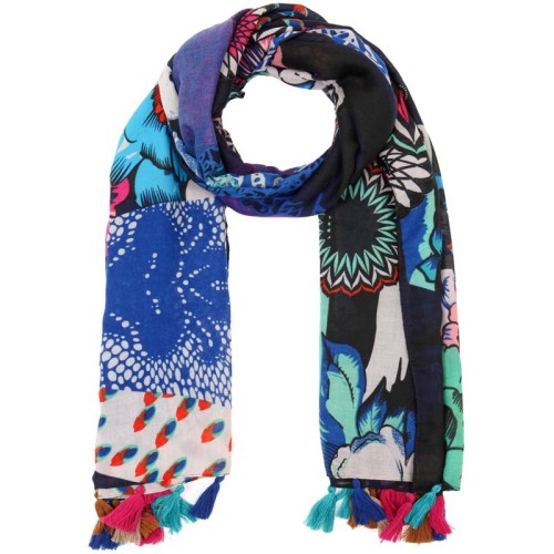 Foulard FALL Color Blue étole imprimée à breloques Rosaces Multicolore et Bleu Viscose Décorations pompons