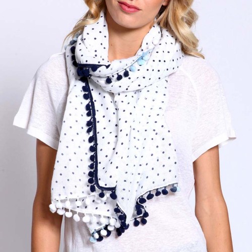 Foulard NIEVO Black & White étole imprimée Pois Noir et Blanc viscose et coton Décorations pompons