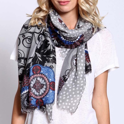 Foulard FLOSEA Grey Color étole imprimée Rosaces Multicolore et Gris Viscose et Coton Imprimé sur l'ensemble