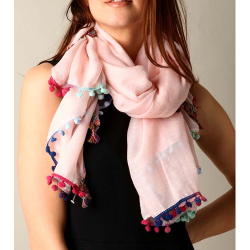 Foulard REHUNA Pink Color étole unie à breloques Ethnique Multicolore et Rose Viscose et Coton Décorations pompons