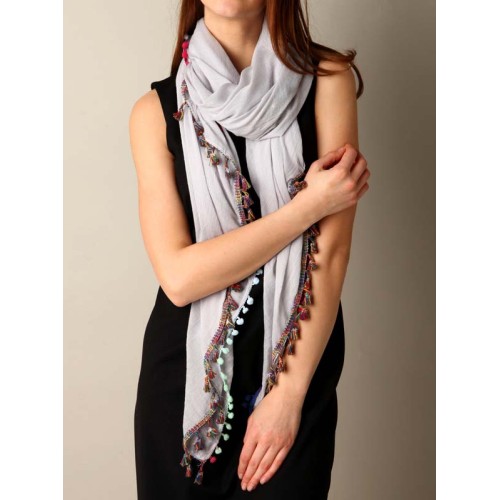 Foulard REHUNA Grey Color étole unie à breloques Ethnique Multicolore et Gris Viscose et Coton Décorations pompons