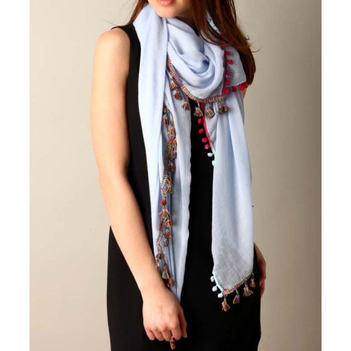 Foulard REHUNA Sky Blue Color étole unie à breloques Ethnique Multicolore et Bleu Viscose et Coton Décorations pompons