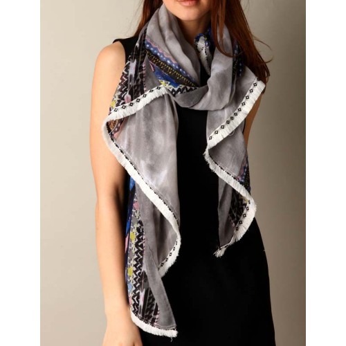 Foulard NAVAJAL Grey Color étole imprimée Ethnique Multicolore et Gris Viscose Décorations pompons