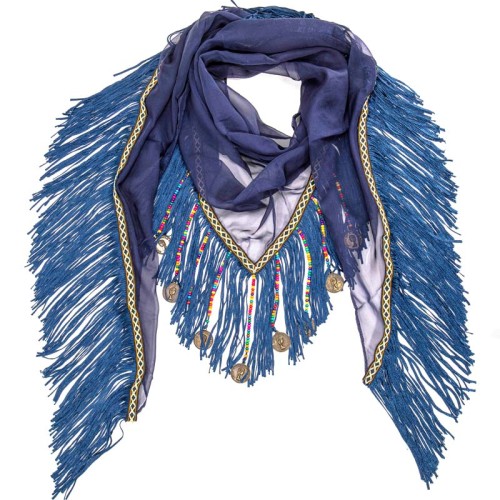 Foulard BOLSADORA Night Blue Gold triangle uni à frange Ethnique Doré et Bleu Nuit Viscose Décorations franges et bijoux