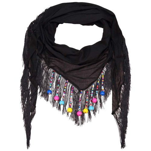 Foulard UNIDAD Black Color triangle uni à frange ethnique Multicolore et Noir 100 % Coton Uni et Décorations franges et pompons