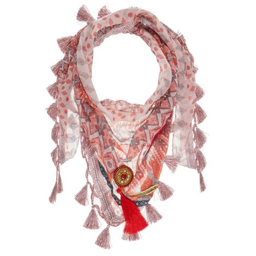 Foulard MONTERICO Pink Red triangle imprimé à breloques ethnique Rouge Rose Viscose et Coton Décorations pompons et médaillon