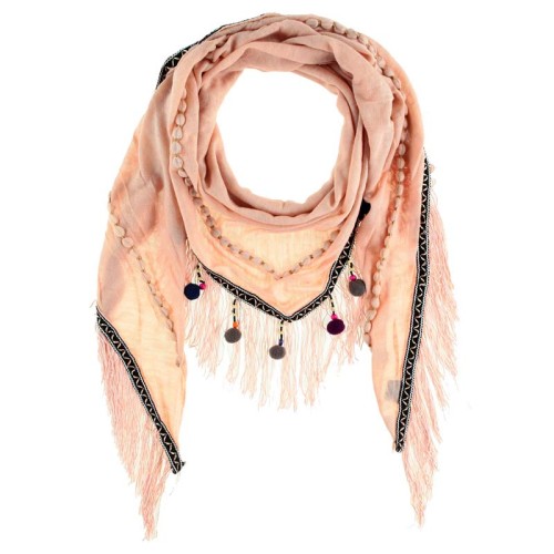 Foulard CHOA NUDE Pink Color triangle uni ethnique Multicolore et Rose Acrylique Polyester et Coton Décorations franges pompons