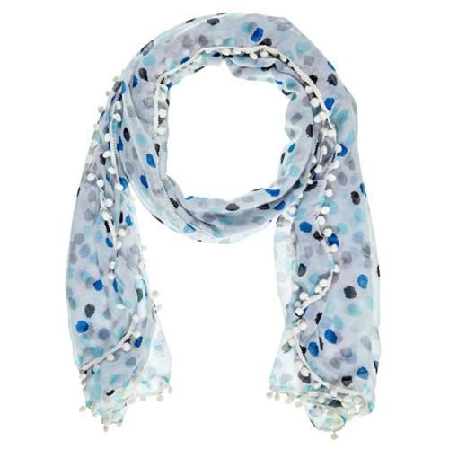 Foulard NIEVA Sky Blue étole imprimée à breloques pois Blanc et Bleu Viscose Imprimé sur l'ensemble et Décorations pompons