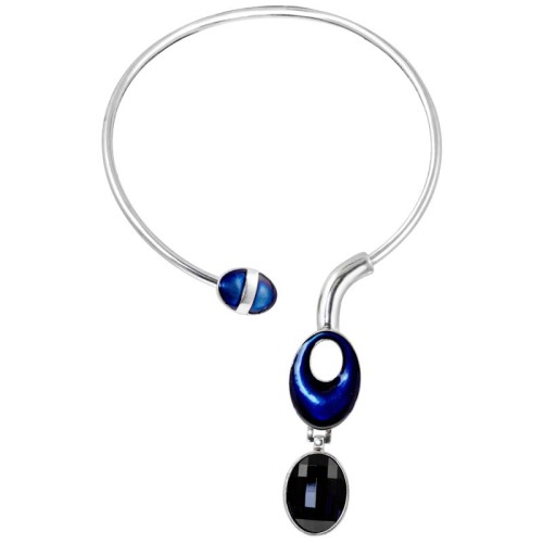 Collier ARLONA Navy Blue Silver Torque cercle asymétrique Contemporain Argenté et Bleu Marine Rhodium Cristal et émaux