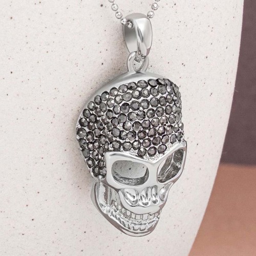 Collier MUERTOSA Grey Silver Sautoir pendentif en Y Tête de mort Argenté et Gris Rhodium Cristal