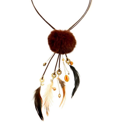 Collier GALABIS LARGO Brown Gold Sautoir pendentif Hivernal Marron Laiton doré à l'or fin Cristal Plumes Fourrure synthétique