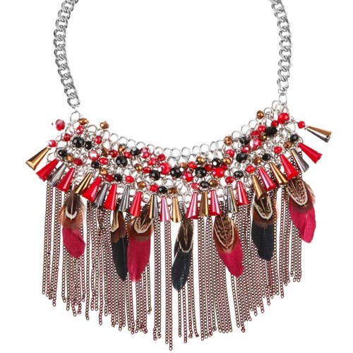 Collier DINERITO Red Silver Plastron à frange Ethnique amérindien Argenté et Rouge Rhodium Perles et Plumes