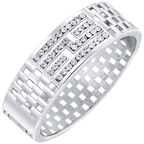 Bracelet FASHIONISTO White Silver Jonc rigide pavé Grillage couture Argenté et Blanc Rhodium Cristal