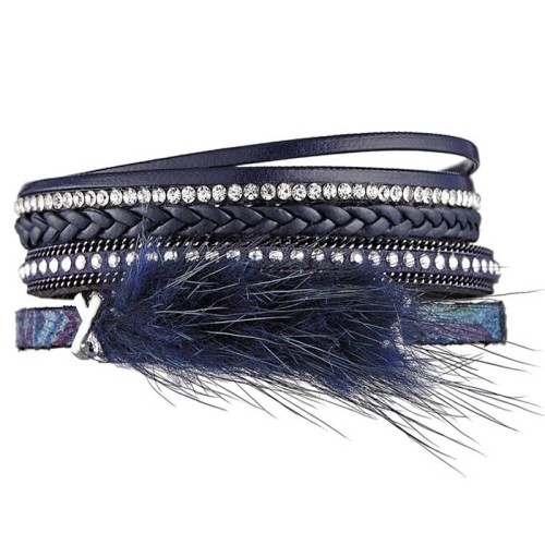 Bracelet FRENZY FOX Night Blue Silver Manchette Multirangs Hivernal Argenté Bleu Nuit Simili-Cuir Cristal Fourrure synthétique