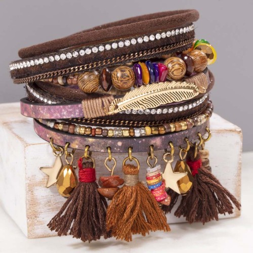 Bracelet COLORADO Brown Gold Double tour Multirangs Plume Marron Laiton doré à l'or fin Simili-Cuir Cristal Bois Pompons