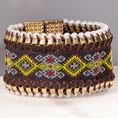 Bracelet MEXANE Brown Gold Manchette souple Ethnique Marron Laiton doré à l'or fin Broderies à la main doublure suédine Perles