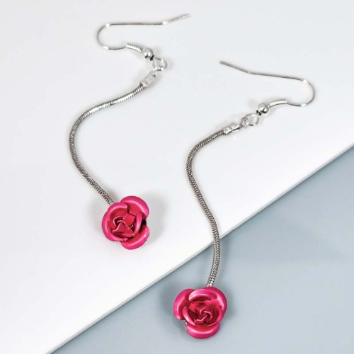 Boucles d'oreilles FLOR Pink Silver Pendantes à pendentif Fleur Argenté et Rose Rhodium