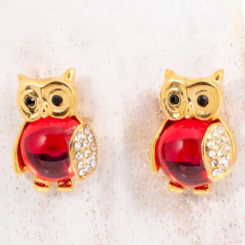 Boucles d'oreilles NOCTUA Red Gold Puces clous pavées Chouette ou hibou Doré et Rouge Laiton doré à l'or fin Cristal et Résines