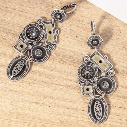 Boucles d'oreilles ASKOGA Black Silver Pendantes pavées Contemporain Argenté et Noir Rhodium Cristal et émaux