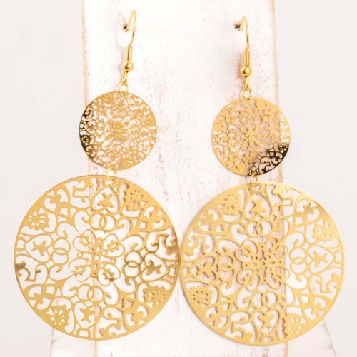 Boucles d'oreilles MYSTERY SIMPLE Gold Pendantes longues ajourées Arabesques filigranes Doré Acier inoxydable doré à l'or fin