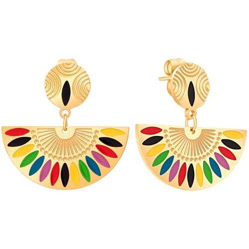 Boucles d'oreilles GYPTOS STEEL Color Gold Pendantes courtes Ethnique Multicolore Acier inoxydable doré à l'or fin émaux