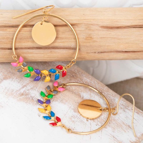 Boucles d'oreilles NOGUELA Color Gold Pendantes ajourées Feuillage Doré et Multicolore Acier inoxydable doré à l'or fin émaux