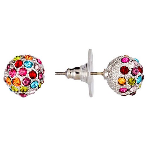 Boucles d'oreilles CLEOSA Color Silver Puces clous Boule perle pavée de cristaux Argenté et Multicolore Rhodium Cristal