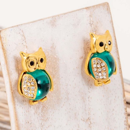 Boucles d'oreilles NOCTUA Green Gold Puces clous pavées Chouette ou hibou Doré et Vert Laiton doré à l'or fin Cristal et Résines