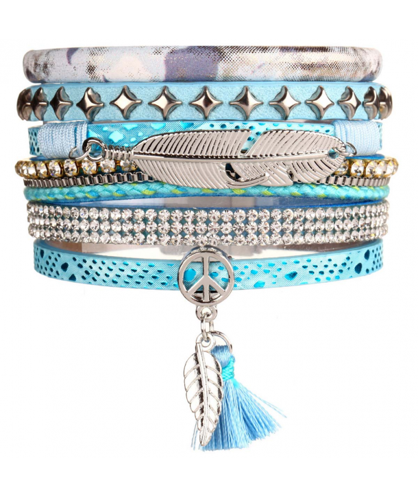 BRACELET - GERALIA SKY BLUE SILVER - manchette argent et bleu plume argent pompons cristaux et fermoir aimanté