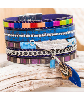 Bracelet CUROSPE DO BRASIL COLOR BLUE SILVER manchette bleue et argent tissage brésilien multicolore et plumes